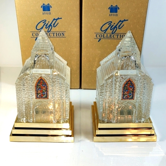Two Vintage Avon Light Up Clear Pressed Art Glass of Church with Gold Base - Picture 1 of 16
